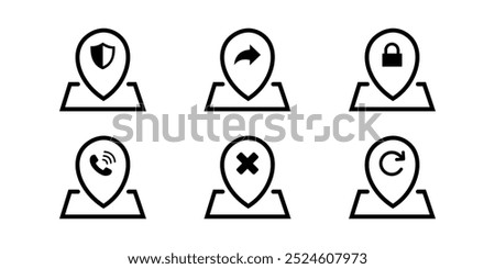 Set of six service-related icons within location markers; includes security shield and copyright symbols.