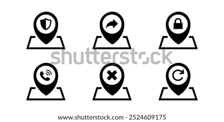 Set of six service-related icons within location markers; includes security shield and copyright symbols.