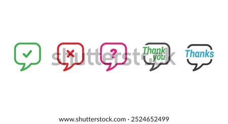 Set of colorful speech bubble icons featuring checkmark, cross mark, question mark and thank you messages. Ideal for feedback and customer service concepts.