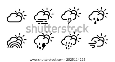 8 clear day cloud weather icons depicting various conditions like partly cloudy, thunderstorms, and snowfall.