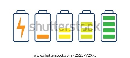 Colorful battery charge flat icons featuring various charge levels. Includes icons for battery charging and charge indicators. Vector illustration of a fully charged battery icon in multiple colors.