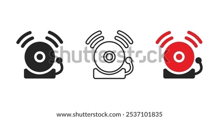 Red fire alarm bell icon. Fire alarm system. flat style. Fire alert danger symbol alarm. Various Safety Hazards. Risk Warning. Firefighter equipment. Emergency, warning bell. emergency exit.