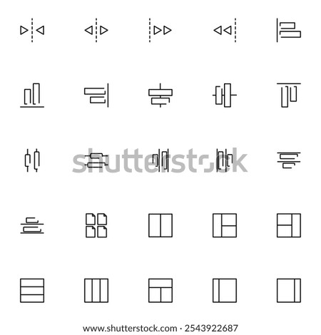 Alignment Icons Vector Set for UI and Graphic Design. Includes align objects, distribute objects, layout symbols, and interface elements. web and app design. Top, Center, Left, Right and bottom.