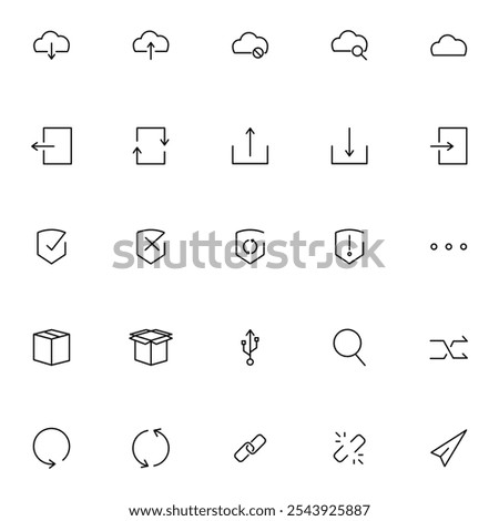 Cloud and security icons Vector, featuring elements like locks, shields, servers, and data symbols. Ideal for concepts related to cybersecurity, cloud computing, data protection, and networking.