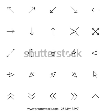 Arrow icons Vector set for navigation and interface design, featuring various styles and directions. Includes single and double arrows, outlined icons, suitable for web, apps, and digital use.