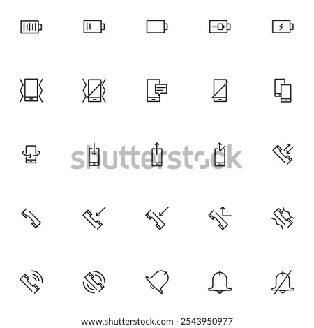 Phone calling, charging alerts, and notifications interface icons Vector illustration. Includes symbols for battery, alerts, calls, chat, messaging, mute, vibrations, and power status.