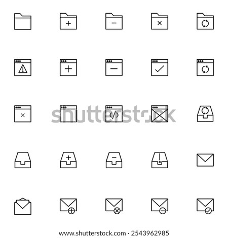 Folder, file, and coding interface icon set. Includes icons for documents, email, internet, programming, storage, user, and warning, ideal for digital and web applications.