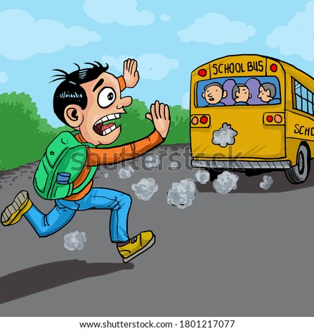 School kid running chasing the bus