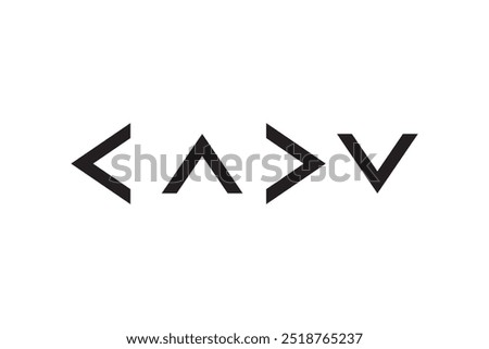 Black geometric symbols consisting of angular shapes resembling arrows and triangles. Minimalist design with clean lines and bold forms on a white background, creating a modern look.