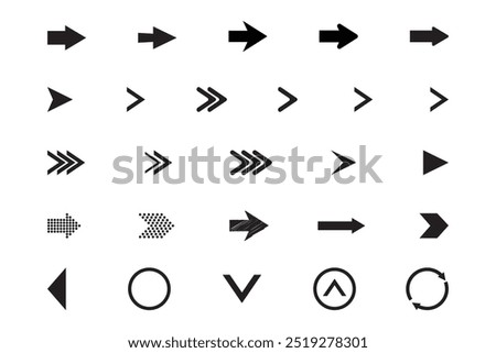 Various black arrow icons in different styles and directions, including solid, outlined, and dotted designs, along with circular arrows, pointing up, down, left, and right.