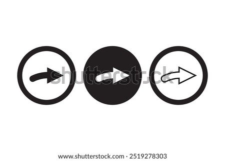 Set of three right-facing arrow icons inside circles, each with a unique style, displayed in black and white for clean, simple navigation symbols.