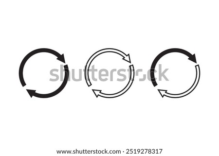 Three circular arrow icons in different styles, including solid, outlined, and double-lined designs, representing rotation, recycling, or continuous motion, all with a minimalist black-and-white aesth