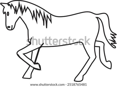 This illustration of a white horse is elegantly outlined in bold black, creating a crisp and clean contrast. The horse's body is filled with pure white, while the black outline defines its graceful fo