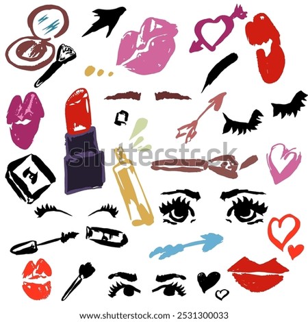 Make up isolated vector Grafik, hand draw, brush strokes textured eyes and lips. Parfum, lipstick, mascara, harts and brushes 