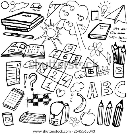 School doodles with a lot of different things, drawings, books, numbers. Vector, hand drawn with texture. Isolated.