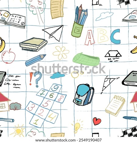 Seamless pattern of elements for school. Books, backpack, notebook and some drawings. Doodle, vector, isolated. With texture and nice colors.