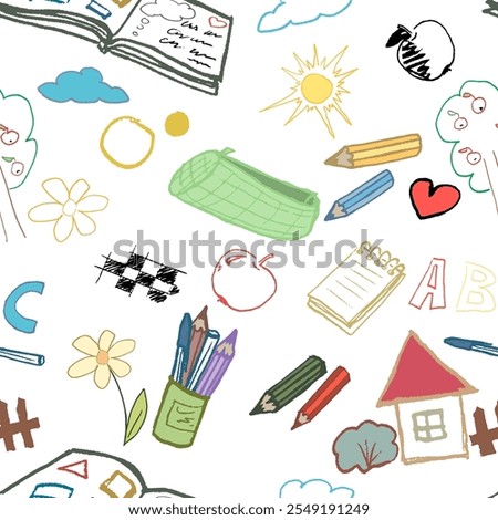 Pattern of elements for school, art class. Book, notebook, pencils, anbc and some drawings. Doodle, vector, isolated. With texture and nice colors.