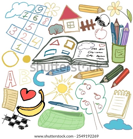 Set of elements for school. Books, notebook, pencils, abc, and some drawings. Doodle, vector, isolated. With texture and nice colors.