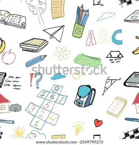 Pattern of elements for school. abc, Books, pencils, backpack, notebook and some drawings. Doodle, vector, isolated, with texture and nice colors