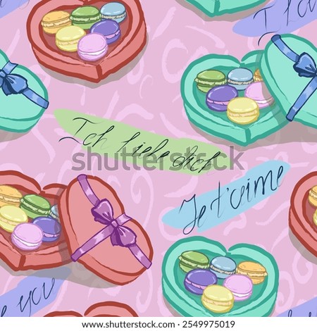 Pattern with macaroons boxes in hart shape. Hand drawn with texture and hand written “I love you” in German and French languages. Vector, isolated.