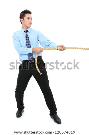 competition concept. businessman pull the rope isolated on white background