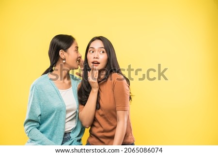 Similar – Image, Stock Photo Surprised woman talking by phone, great news, open mouth, wow. Young lady on pink background. Having smartphone call.