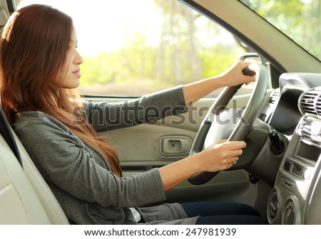 portrait of young beauty woman driving a car