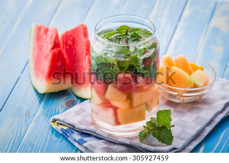 Summer fresh fruit Flavored infused water mix of melon, mint leaf, and watermelon