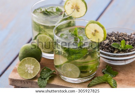 Summer fresh fruit Flavored infused water mix of green tea, lime and mint leaf
