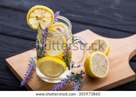 Summer fresh fruit Flavored infused water of lemon and lavender