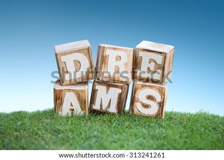 still life of DREAMS sign concept made of wooden blocks on a green grass under bright blue sky
