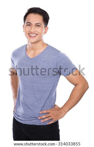 A portrait of a young asian man posing hands on the waist, smile to the camera