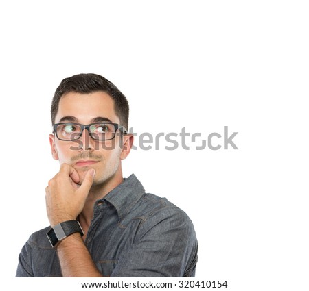 portrait of Young man thinking up to copy space, look up. isolated over white background