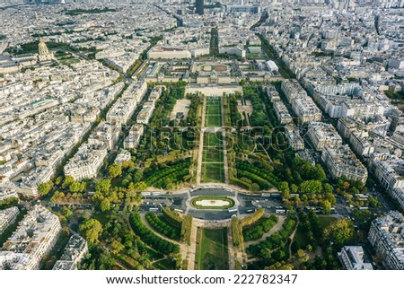 Beautiful aerial view of Champ de Mars in Paris, France. This is a large public green space in Paris, France, located in the seventh arrondissement next to Eiffel Tower.