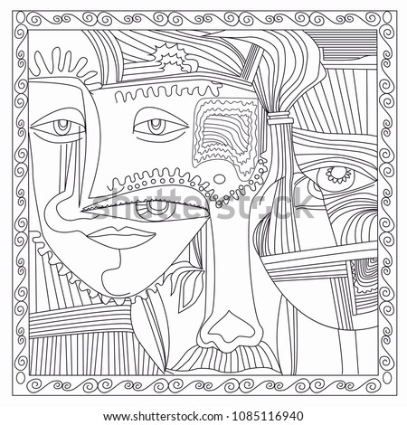 Abstraction. People and masks. Vector image. Coloring book.