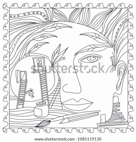 Abstraction. Adam with an apple. Biblical story. Vector image. Coloring book.