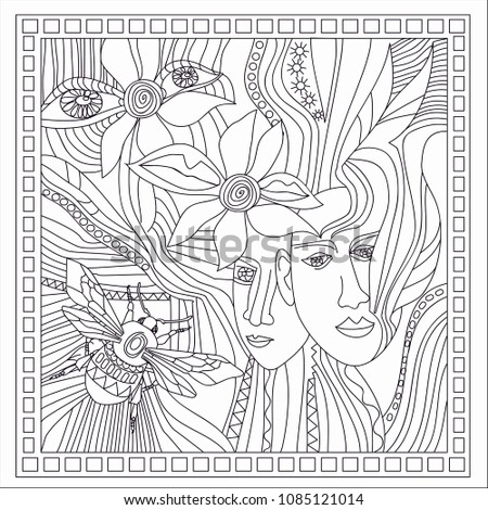 Abstraction. People are flowers and bumblebee. Vector image. Coloring book.