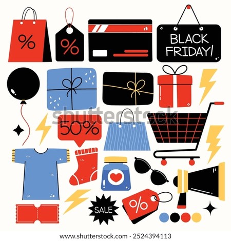 A collection of Black Friday shopping icons, featuring items like shopping carts, gift boxes, price tags, percentage discounts, and sale signs, all in a playful, colorful design