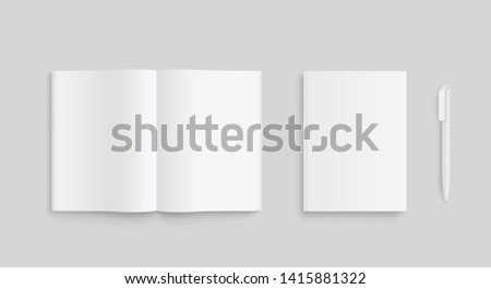 Realistic set of white paper or laptop and pen. Front view. - stock vector.