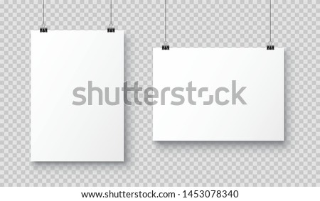 Vector realistic white blank A4 paper poster hanging on a rope with clip - stock vector. Stock foto © 