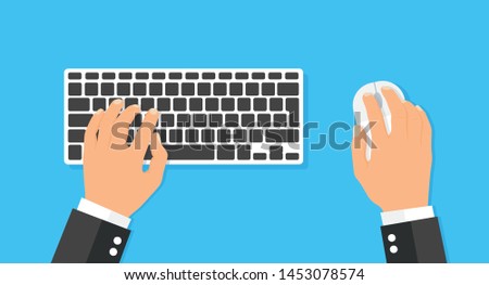 Computer keyboard and mouse with hands of user - stock vector.