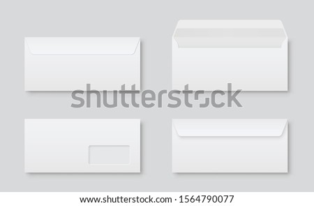 Realistic blank white letter paper DL envelope front view. Vector blank open and closed on gray background - stock vector.