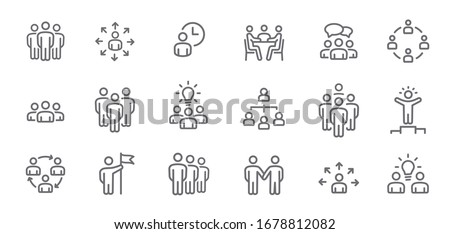 Team work line icons. Meeting, group, team, people, conference, leader, discussion, collaboration, research and more. It is easy to edit - stock vector.