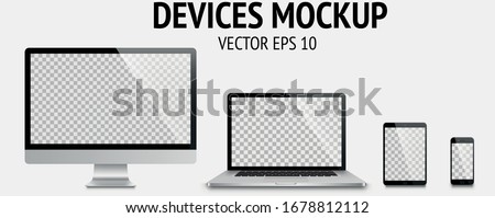 Realistic devices mockup set of Monitor, laptop, tablet, smartphone dark grey color - Stock Vector.