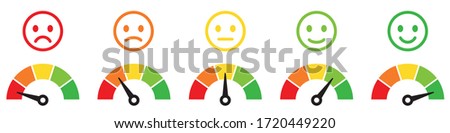 Speedometer, tachometer icon. Colour speedometer set. Scale from red to green performance measurement. Rating satisfaction concept with emotions - stock vector.