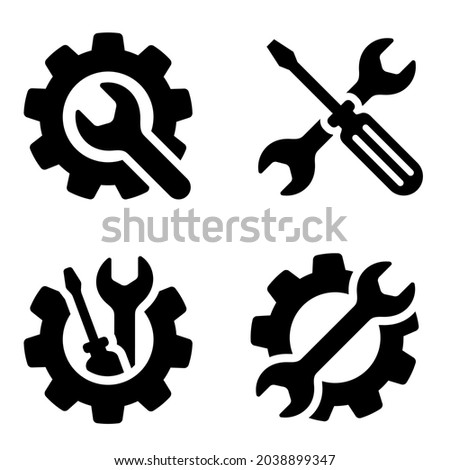 Service icons set. Wrench, screwdriver and gear icon. Screwdriver and wrench glyph icon. Settings and repair, service sign - stock vector.