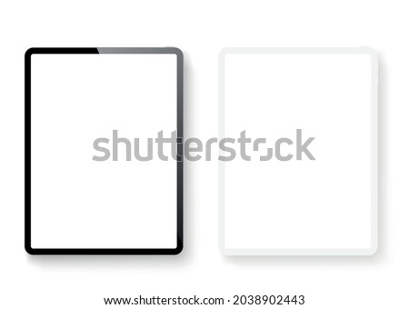 Realistic tablet computer mockup set. Tablet PC clay and realistic mockup front view with shadow. Electronic gadget - stock vector.