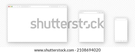 Browser window. Realistic blank browser window with toolbar and shadow. PC, tablet, laptop, computer and smartphone empty web page mockup - stock vector.