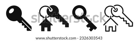 Key icons set. House key with a trinket. Silhouettes of door keys. House key collection. Old key symbol.