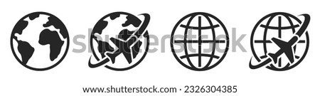Globe icons set. The plane flies around the earth. Travel icons with airplane fly around the earth. World planet earth icon - stock vector.